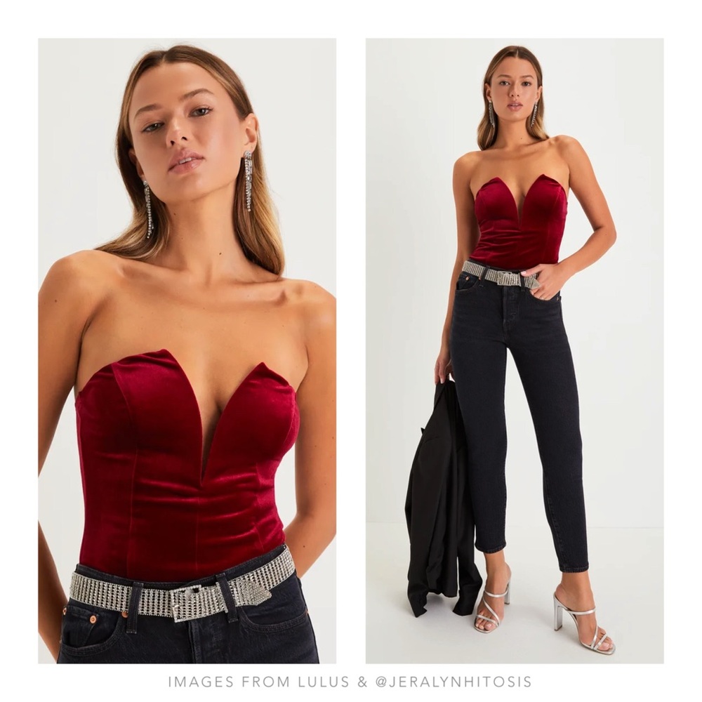 Lulus | Babe Alert Wine Red Velvet Notched Strapless Bodysuit